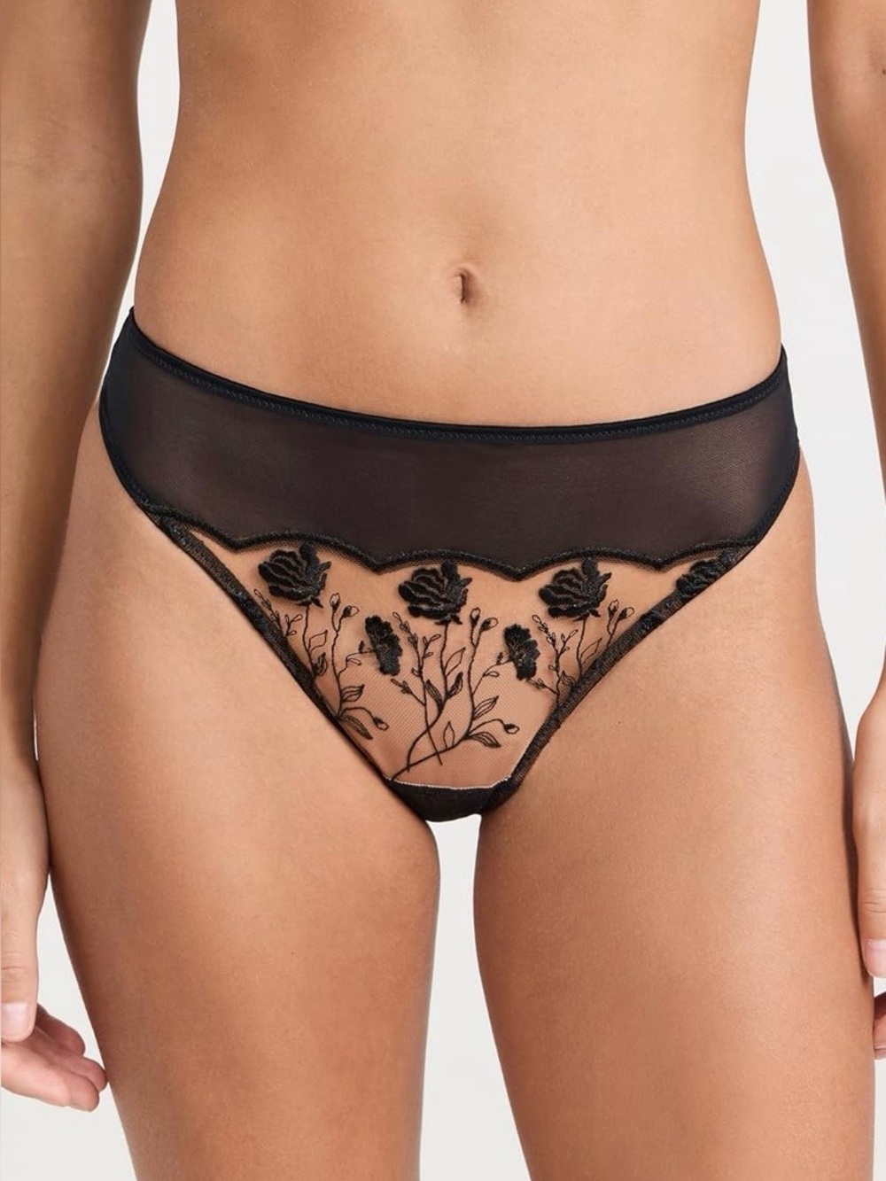Skarlett Blue Sheer Floral Embroidered High-Cut Thong Panty - Black